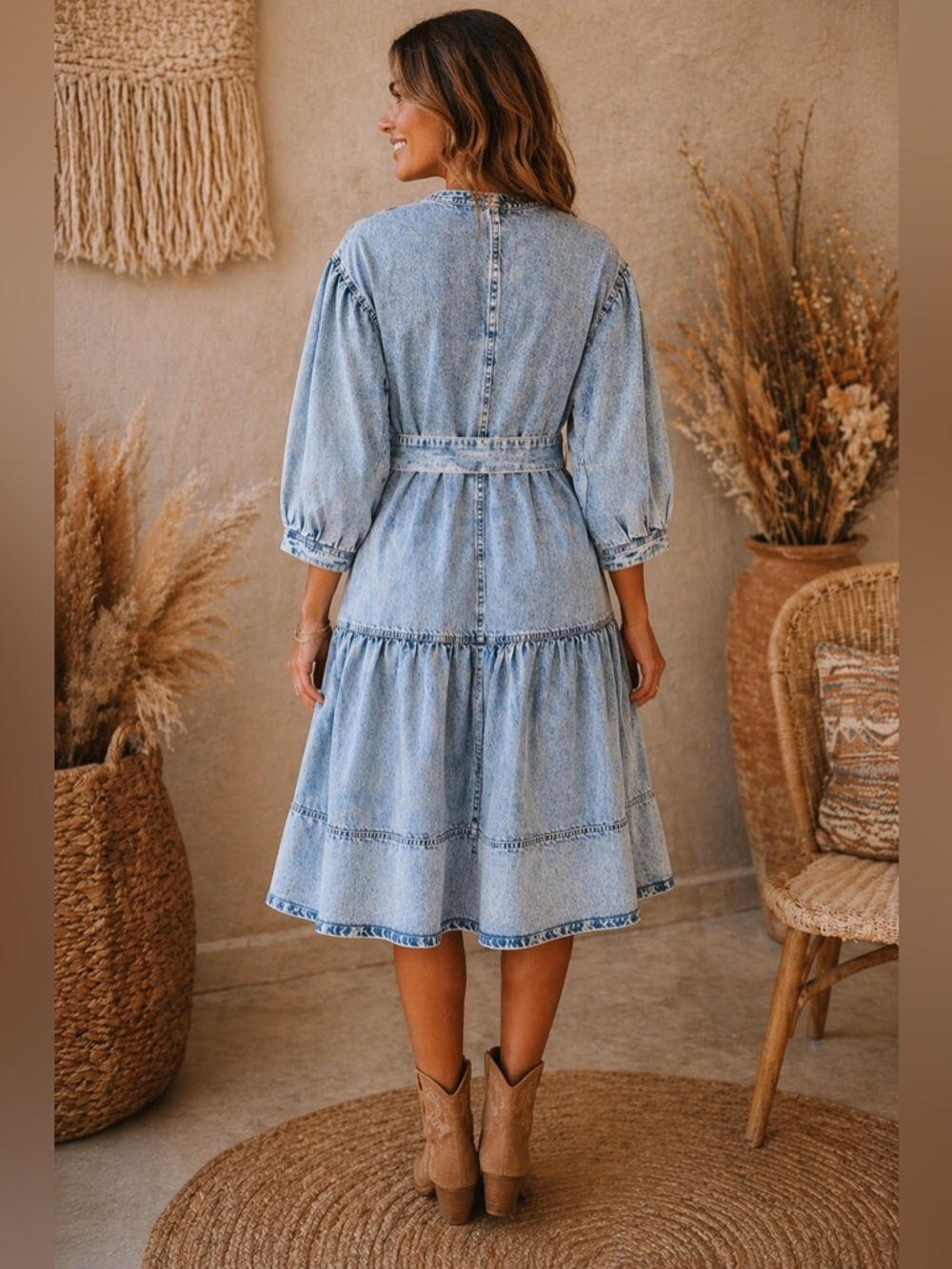 Front Row by Sara & Goldy Boho Denim Belted Midi Dress – Tiered | Puff Sleeve - Picture 2 of 12